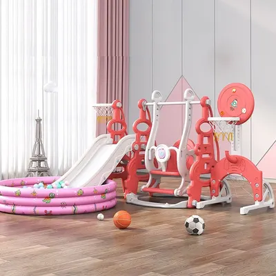 Spatiu de joaca 4in1 Nichiduta Garden Tower Red cu tobogan, leagan cu bara de protectie detasabila, jucarie muzicala, cos de baschet, minge, poarta de fotbal si piscina cu 200 bile incluse