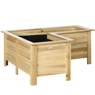 Outsunny Jardinieră înălțată din lemn ghiveci exterior în formă de L cu material nețesut grădină urbană 120x120x50 cm Natural | Aosom Romania