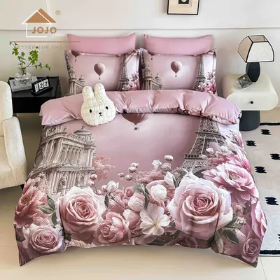 Lenjerie de Pat Bumbac Finet 5D 6 Piese cu Elastic 180x200 , Paris Romance