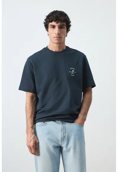 Tricou heavy cu croiala relaxed-fit si broderie - Bleumarin