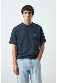Tricou heavy cu croiala relaxed-fit si broderie - Bleumarin