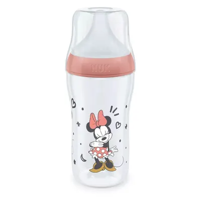 Biberon polipropilena cu tetina silicon si control de temperatura Nuk PM 260 ml 3 luni + M Minnie Red