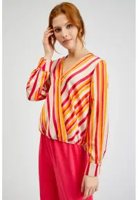 Bluza cu dungi si decolteu in V - Portocaliu/Roz