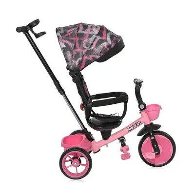 Tricicleta pentru copii Lorelli Revel Pink cu sezut rotativ la 360 grade, 1-5 Ani, maner cu control al directiei, scaun confortabil cu husa moale, suport pentru picioare, sistem roata libera si roti mari din cauciuc Eva
