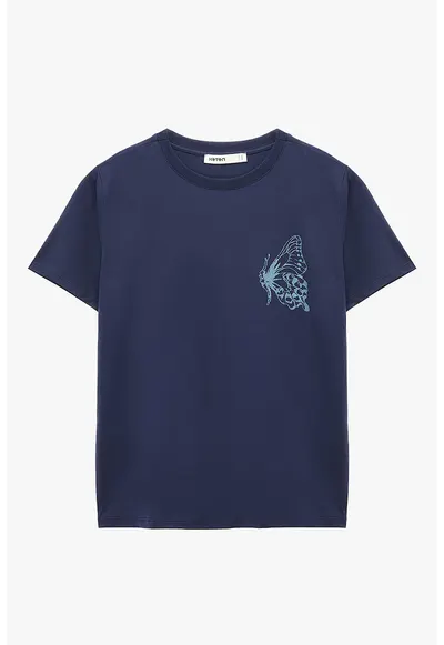 Tricou din bumbac cu imprimeu fluture - Bleumarin