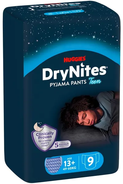 Scutece-chiloței de noapte Huggies DryNites - 13+ ani, 49-60 kg, 9 buc, albastru