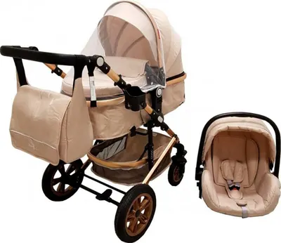 Carucior pentru copii Baby Care Pro 530 Crem 3 in 1 Transformabil, Cadru Aluminiu, Amortizoare, Roti din cauciuc, Spatar reglabil 3 trepte, Plasa insecte, Geanta