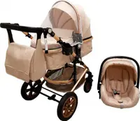 Carucior pentru copii Baby Care Pro 530 Crem 3 in 1 Transformabil, Cadru Aluminiu, Amortizoare, Roti din cauciuc, Spatar reglabil 3 trepte, Plasa insecte, Geanta