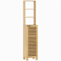 HOMCOM Dulap înalt pentru baie din bambus Coloană îngustă cu 3 polițe deschise Ușă cu lamele Rafturi reglabile 34x30x170 cm Natural | Aosom Romania