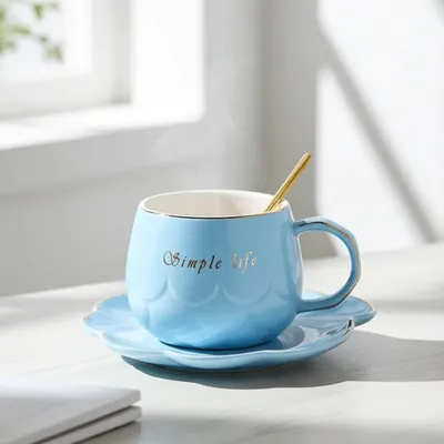 Ceașcă pentru cappuccino și ceai Morello - Simple Life, cu farfurioară și linguriță, 250 ml, Blue