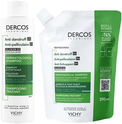 Vichy Dercos Set - Șampon pentru păr gras Anti-dandruff DS și Umplutură, 200 + 390 ml