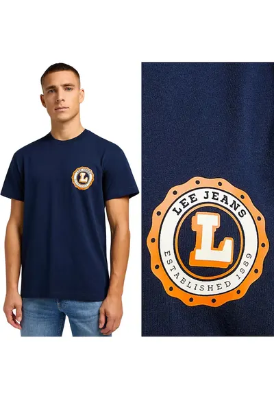 Tricou Varsity Relaxed - bumbac - bleumarin cu imprimeu logo portocaliu si alb