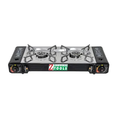 Aragaz Camping cu 2 Ochiuri, Aprindere Electrica, Lungime 62 cm, din Inox, cu Cutie de Transport