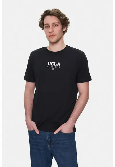 Tricou regular fit - decolteu la baza gatului - imprimeu cu logo - Negru - SHERMAN - Negru