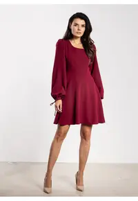 Rochie mini - A741 - evazata - maneca lunga - rosu - poliester-elastan