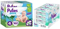 Scutece Pufies Fashion & Nature - Mărimea 4, 9-14 kg, 162 buc + șervețele umede Pufies Clean Care, 12 х 64 buc