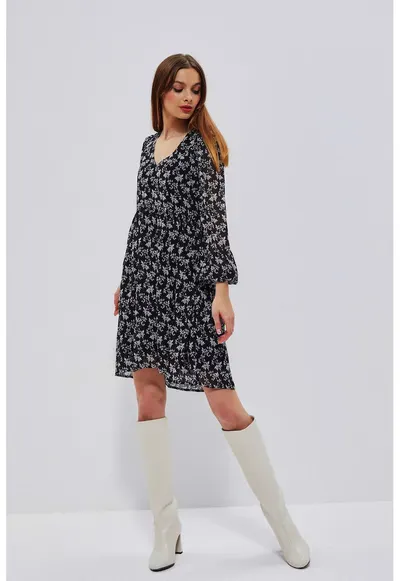 Rochie evazata cu model floral - Negru