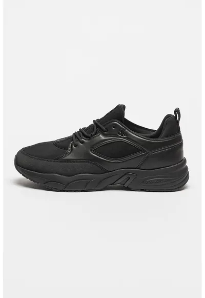 Pantofi sport cu sireturi si garnituri de piele ecologica - Negru