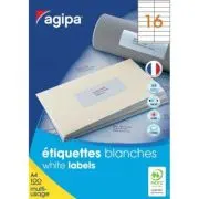 Etichete autocolante Agipa 101126/119005, 16/A4, 105x35 mm, permanente, colturi drepte, alb, top 100 coli (1600 etichete)