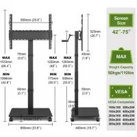 Stand TV mobil pe roti Techly ICA-TR101B, reglabil, orizontal / vertical, landscape / portrait, 42-75 inch(107cm-190cm), capacitate sustinere 50KG, Negru