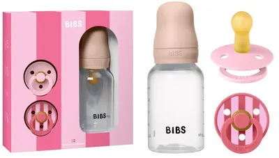 Set cadou BIBS - Baby Sprinkle, sticlă, 150 ml + 2 suzete, 0-6 luni, Blush
