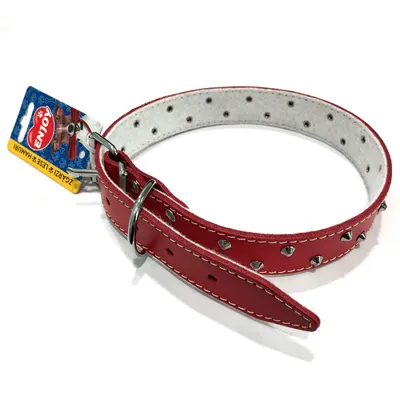 Zgarda din piele, rosie, cu tinte, 30 mm x 640 mm