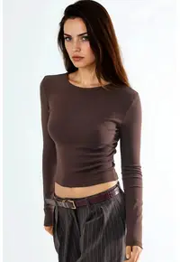Bluza dama maneca lunga - guler rotund - bumbac - maro