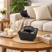 Fantana decorativa cu ceainic suspendat, alimentare USB si baterii, 27.5x11.7x11.7cm, cu lumini LED si pietre, negru, 404g