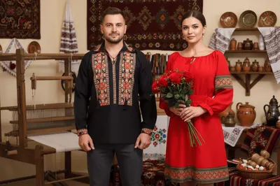 Set Cuplu Traditional 78 Camasa Traditionala si Rochie cu motive traditionale