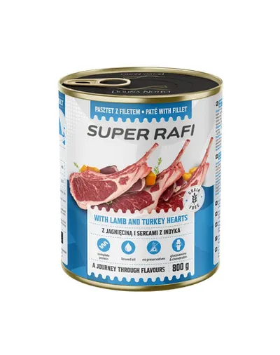 Hrană umedă câini pate RAFI Super 800 g miel și inimi de curcan