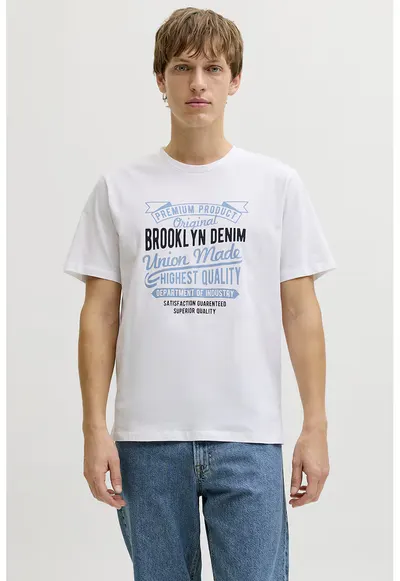 Tricou din amestec de bumbac cu imprimeu text - Alb