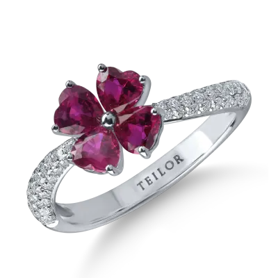Inel floare din aur alb cu rubine heart si diamante de 1.5ct