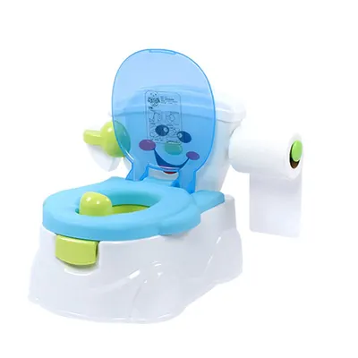 Olita pentru copii Little Mom Smiley Potty Blue, educationala 3 in 1, design realist, cu suport pentru hartia igienica, cu vas colector detasabil si buton de tras apa, dimensiune 42 x 30 x 36 cm