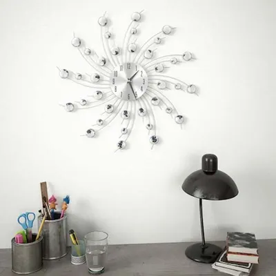 Ceas de perete cu cristale, 50 cm, mecanism quartz, cifre arabe, argintiu