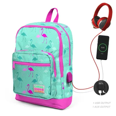 Ghiozdan cu 4 compartimente, Coral High, cu USB, turcoaz cu flamingo