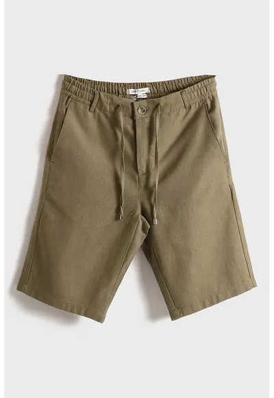 Pantaloni scurti din amestec de in cu talie ajustabila - Kaki/Kaki inchis