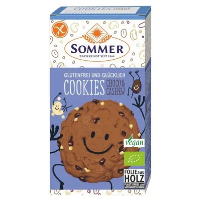 Biscuiti BIO, fara Gluten cu Ciocolata si Caju, 125 g, Sommer