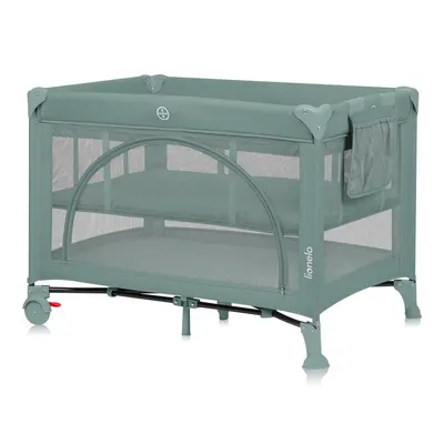Patut pliant, Lionelo, Laura, 102 x 74 cm, Cu doua nivele, Functie de tarc, Cu roti, Include salteluta si geanta de transport, Pereti din plasa, Deschidere laterala, Pana la 15 kg, 0 luni +, Verde
