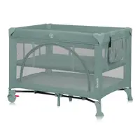 Patut pliant, Lionelo, Laura, 102 x 74 cm, Cu doua nivele, Functie de tarc, Cu roti, Include salteluta si geanta de transport, Pereti din plasa, Deschidere laterala, Pana la 15 kg, 0 luni +, Verde