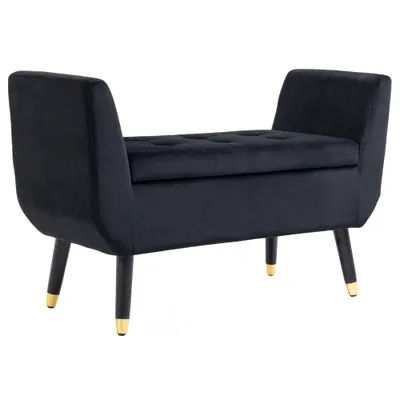 HOMCOM banchetă cu depozitare și cotiere, banchetă tapițată cu aspect de catifea, cufăr cu picioare din lemn, bancă pentru living, dormitor, hol 107 x 42 x 65 cm, Negru | Aosom Romania