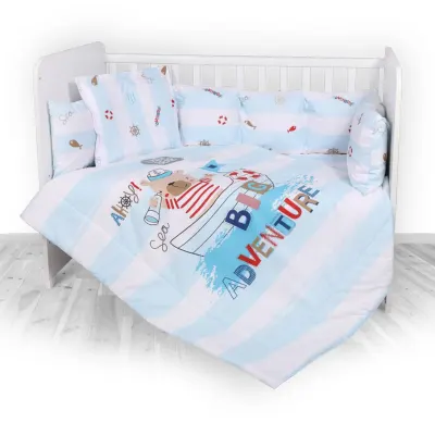 Set lenjerie de pat Lorelli, cu 7 piese din bumbac ranforce, Lily, Adventure Blue