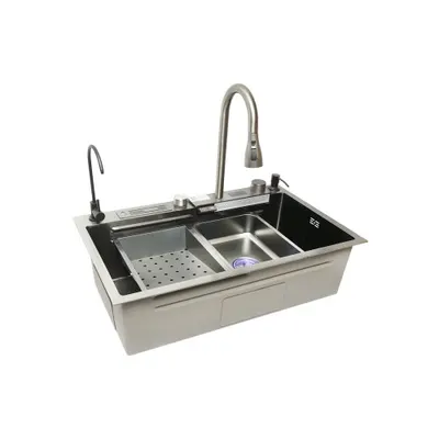 Chiuveta bucatarie multifunctionala cu doua baterii, otel inoxidabil, afisaj digital temperatura, functie cascada, dozator sapun, scurgator, tava, tocator si accesorii scurgere incluse, 75x46x23.5cm Cod: DISMT04