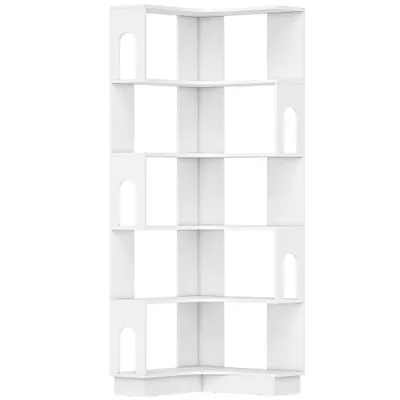 HOMCOM Bibliotecă de colț, etajeră de depozitare cu 6 niveluri și panouri laterale arcuite, 60 x 60 x 165,5 cm, alb | Aosom Romania
