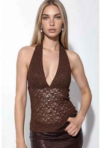 Bluza crop cu paiete - guler tip halter - maro - poliester cu elastan