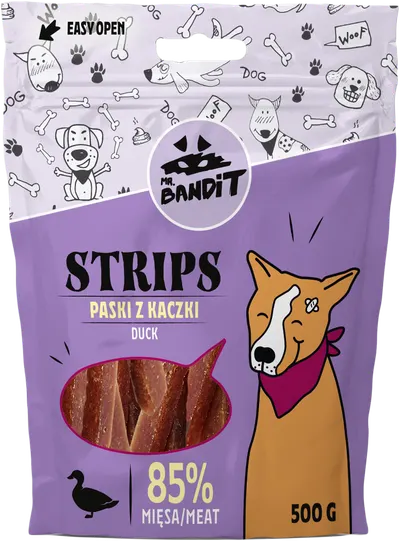 Recompense pentru caini Mr. Bandit STRIPS, rata, 500g