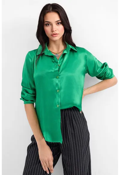 Camasi dama - HiCCUP - camasa cu maneca lunga - verde - satin