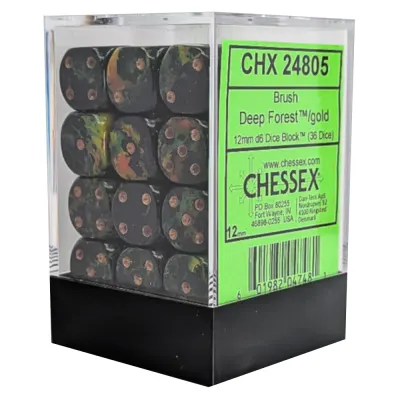 Set 36 Zaruri Chessex Brush d6 Dice 12mm - Deep Forest/Auriu