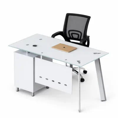 Set Venus & FlexiPro - Birou cu blat de sticla,dulap lateral fix si Scaun de birou ergonomic cu spatar mesh