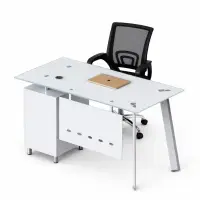 Set Venus & FlexiPro - Birou cu blat de sticla,dulap lateral fix si Scaun de birou ergonomic cu spatar mesh