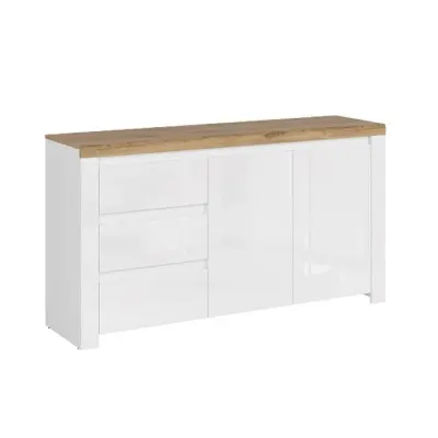 Comoda VIGO, 2 usi, 3 sertare, alb + stejar wotan, 156x41,5x84,5 cm